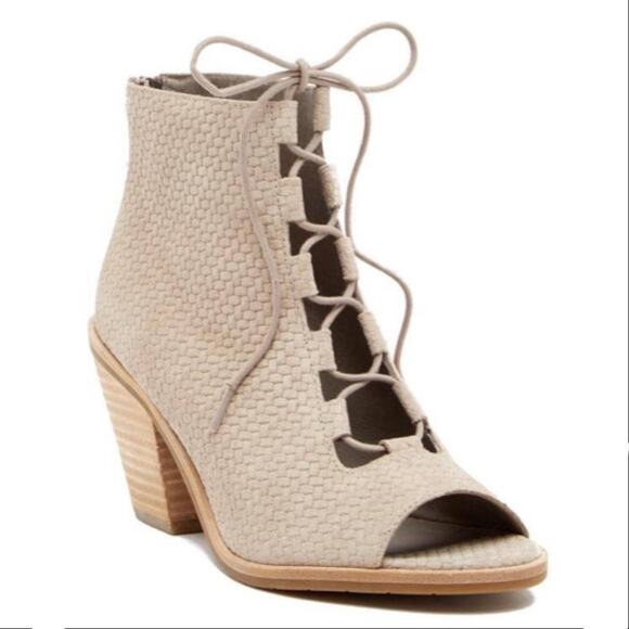 Eileen Fisher | NWOT Nude Suede Slew Lace-Up Bootie Earth Open Toe Sandal Tan 10 - Picture 1 of 9